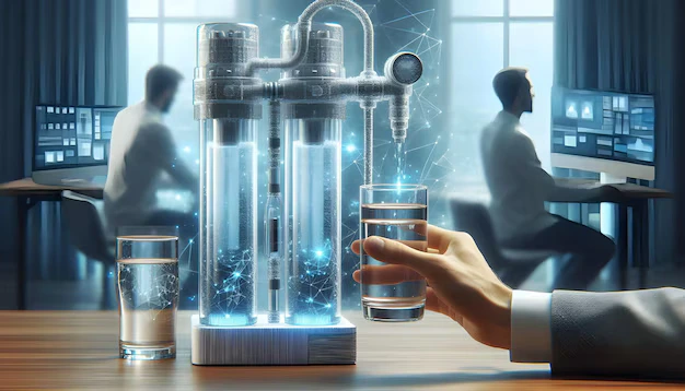 Futuristic water purifier filling a glass.